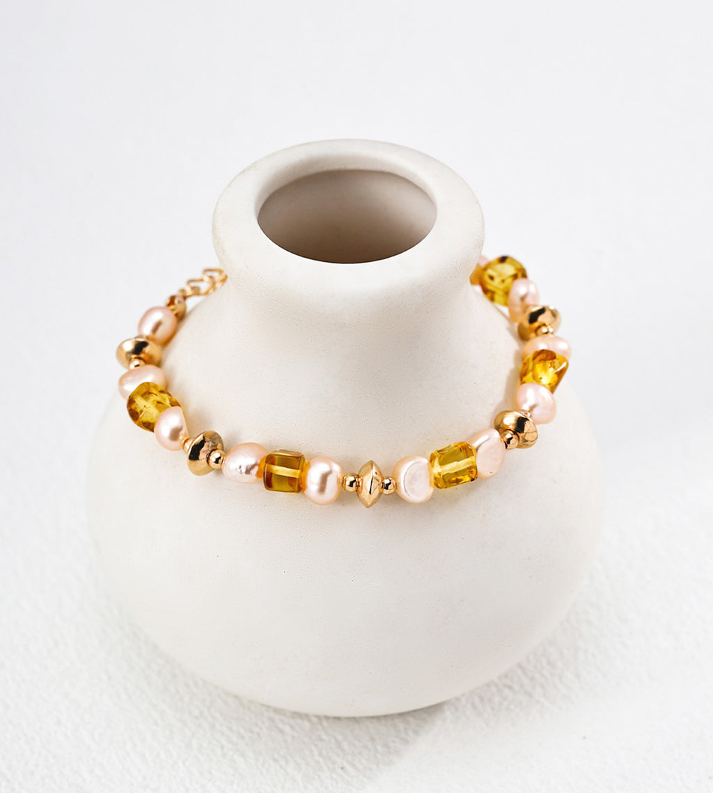 Natural Amber & Champagne Pearl Bracelet 18K Gold Plated S925 Silver