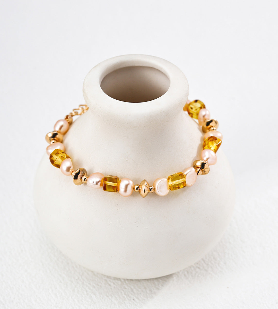 Natural Amber & Champagne Pearl Bracelet 18K Gold Plated S925 Silver