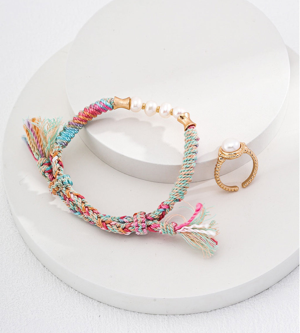 Natural pearl ethnic braided bracelet styled with gold freshwater pearl open ring — multicolour hemp cord, bamboo 18K gold connectors, frayed cord ends, S925 sterling silver, BUCKLE Collective