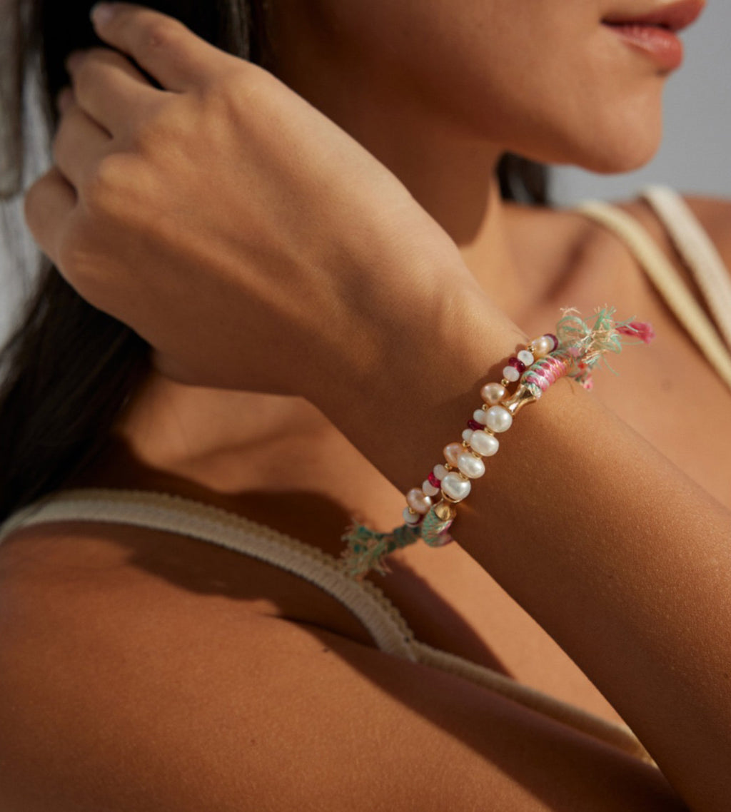 Natural pearl ethnic braided bracelet styled with gold freshwater pearl open ring — multicolour hemp cord, bamboo 18K gold connectors, frayed cord ends, S925 sterling silver, BUCKLE Collective