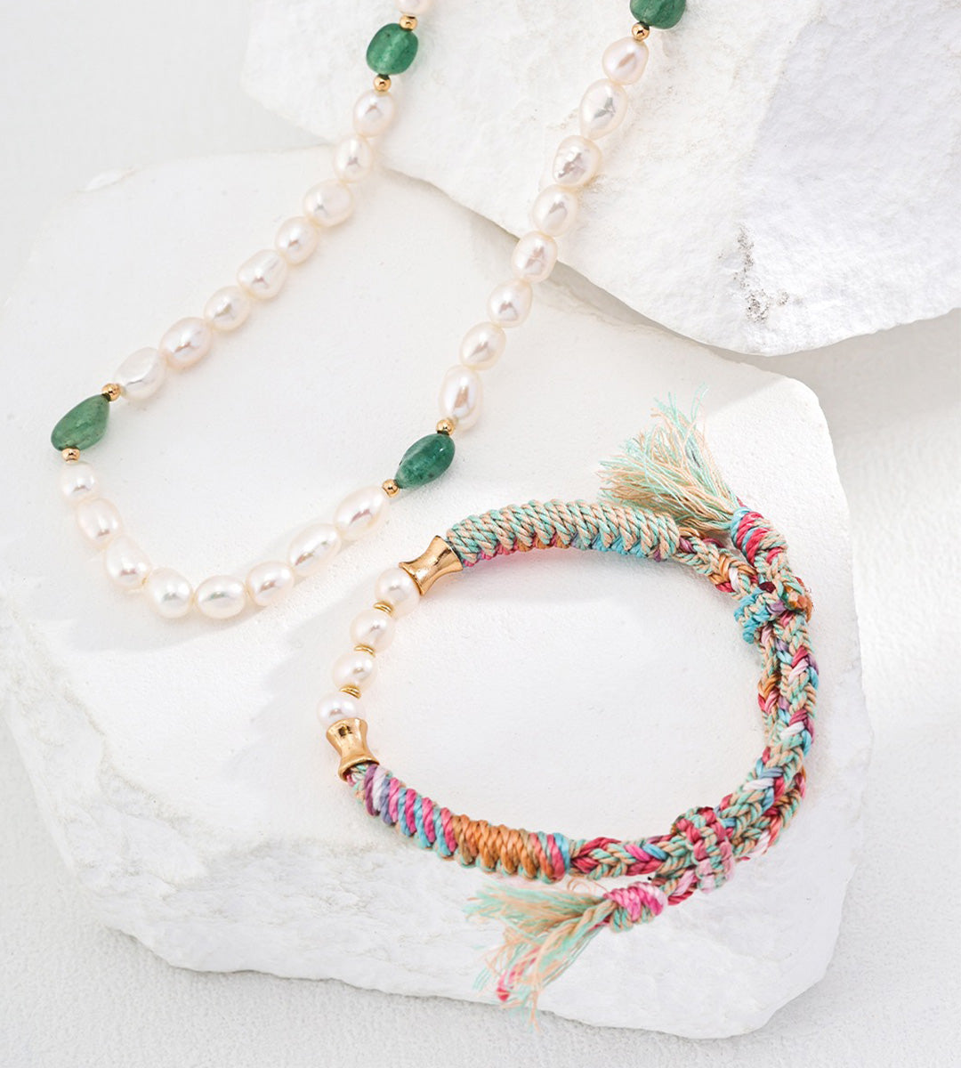 Natural pearl ethnic style braided bracelet styled with jade and freshwater pearl necklace — multicolour hemp cord, bamboo gold connectors, 18K gold plated S925 silver, BUCKLE Collective