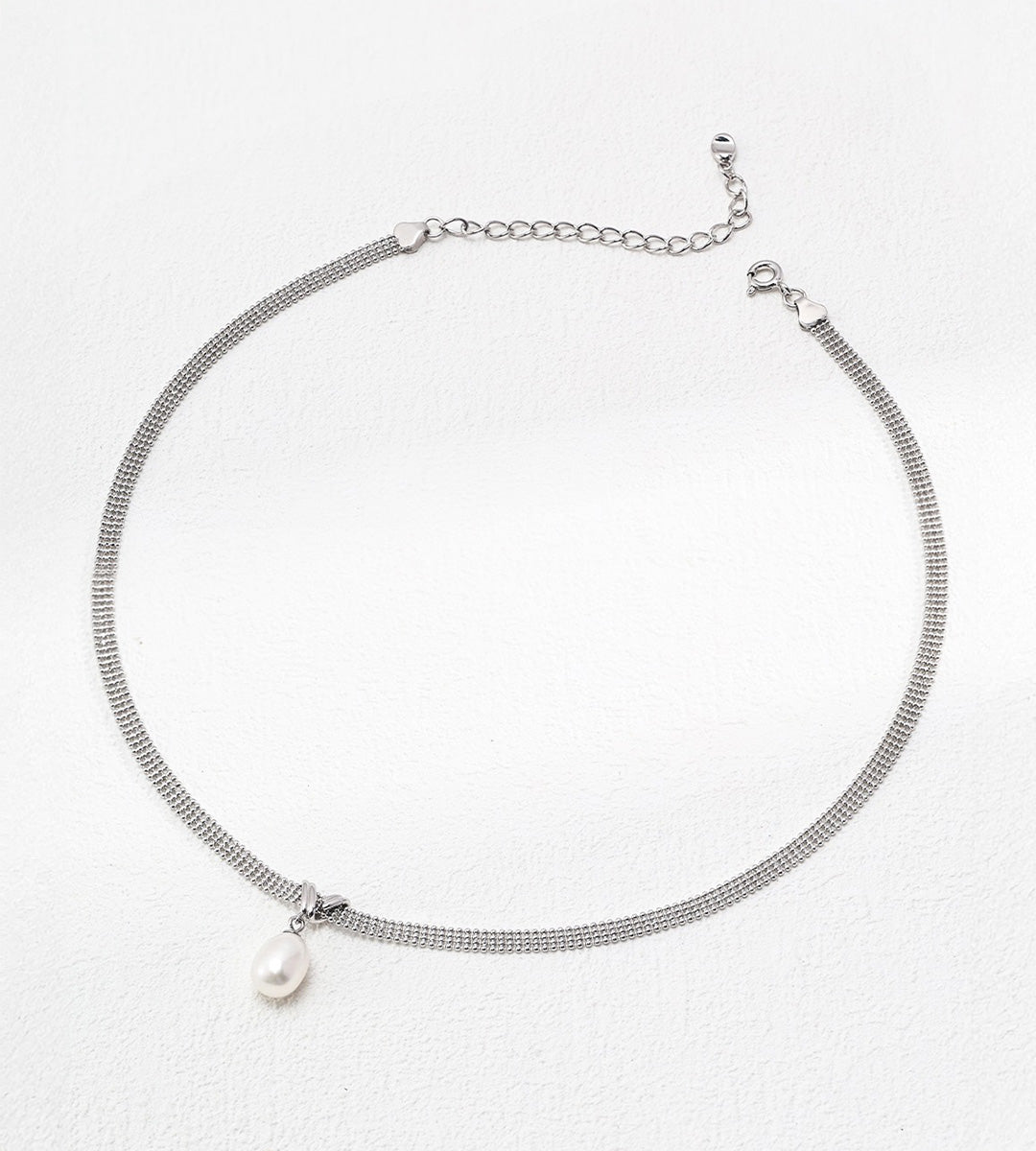 Natural Pearl Mesh Chain Choker Necklace | 18K White-Gold Plated S925 Sterling Silver