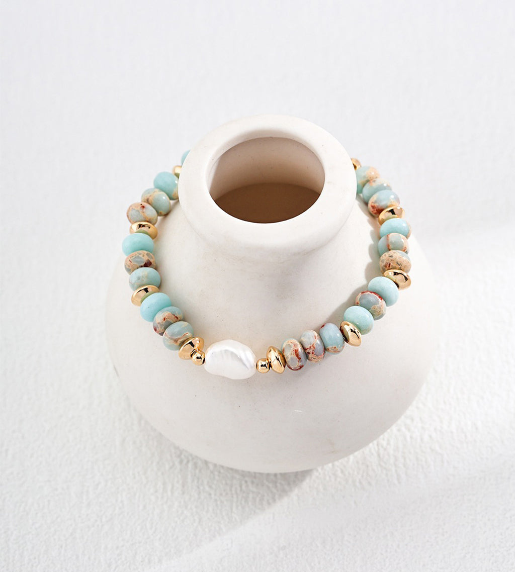 Natural Pearl and Shoushan stone beaded bracelet in vintage gold — sky-blue and earthy Shoushan stone beads with baroque freshwater pearl focal bead and gold spacers, 18K gold plated S925 silver, BUCKLE Collective