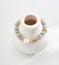 Natural Pearl and Shoushan stone beaded bracelet in vintage gold — sky-blue and earthy Shoushan stone beads with baroque freshwater pearl focal bead and gold spacers, 18K gold plated S925 silver, BUCKLE Collective