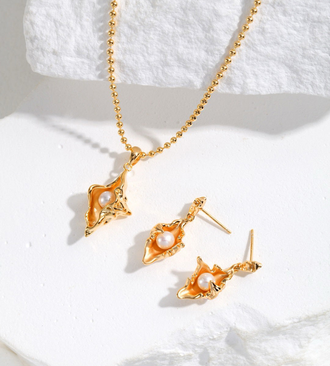 Ocean’s Whisper Conch Pearl Necklace and Earrings 18K Gold Plated S925 Silver