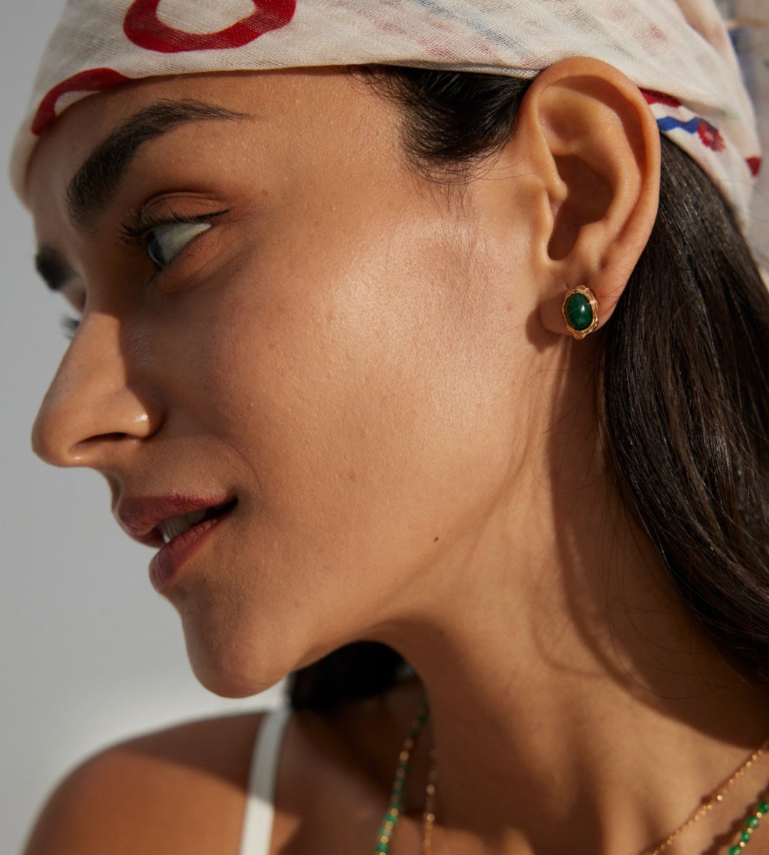 Model wearing Organic Frame Malachite Earrings, 18K Gold-Plated over S925 Silver, Vintage Gold color