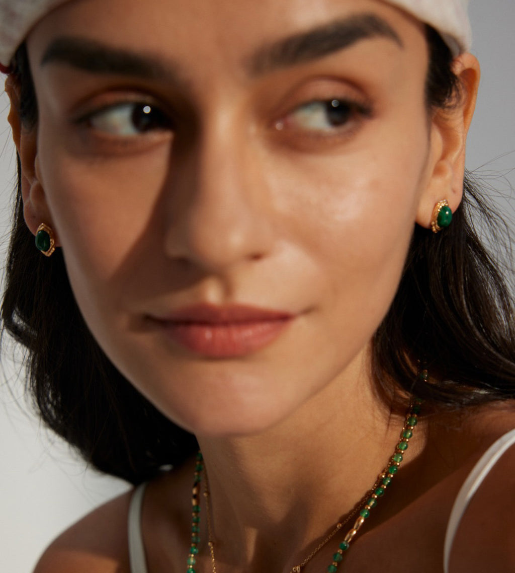 Model wearing Organic Frame Malachite Earrings, 18K Gold-Plated over S925 Silver, Vintage Gold color