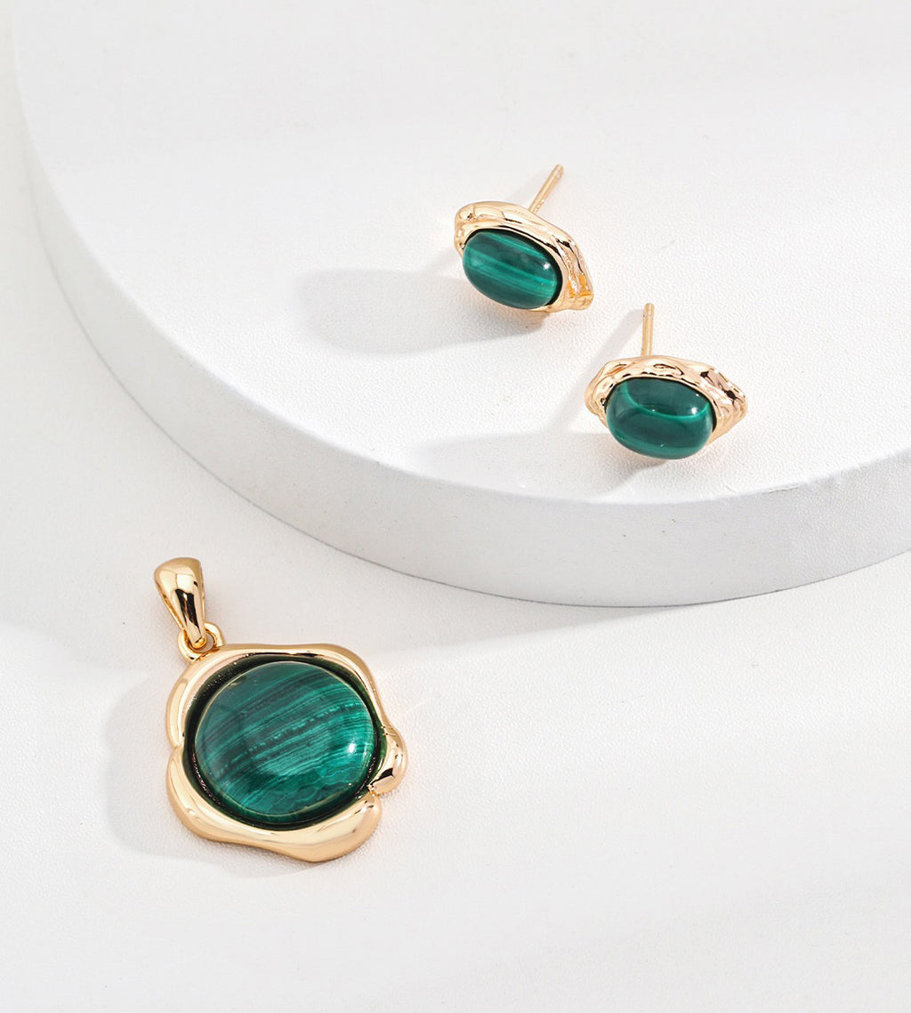 Organic Frame Malachite Earrings, 18K Gold-Plated over S925 Silver, Vintage Gold color with Malachite charm