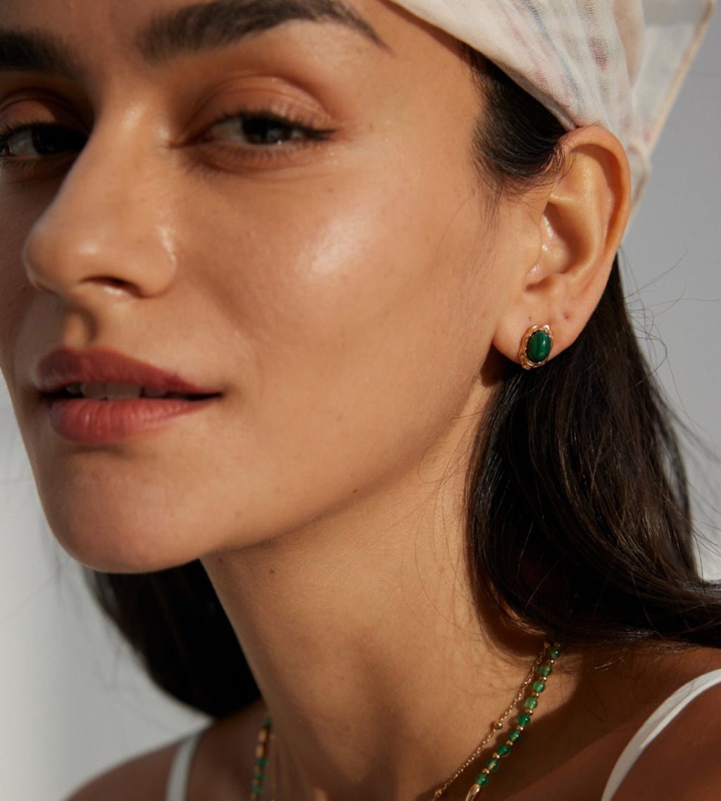 Model wearing Organic Frame Malachite Earrings, 18K Gold-Plated S925 Silver