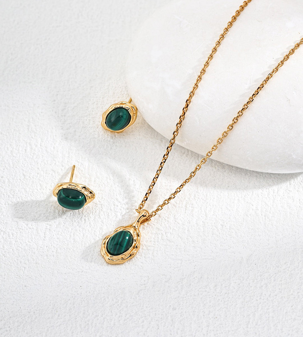 Organic Frame Malachite Earrings and Organic Frame Malachite Necklace, 18K Gold-Plated S925 Silver