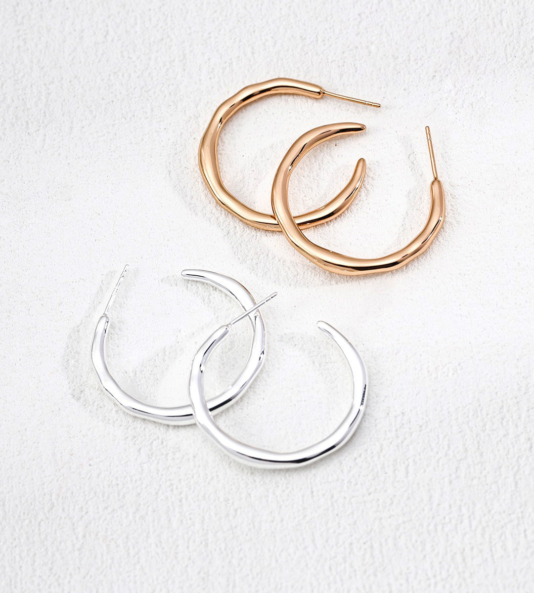 Two pairs of Irregular Organic Open Hoop Earrings | 18K Gold-Plated and 18K White-Gold-Plated over S925 Silver