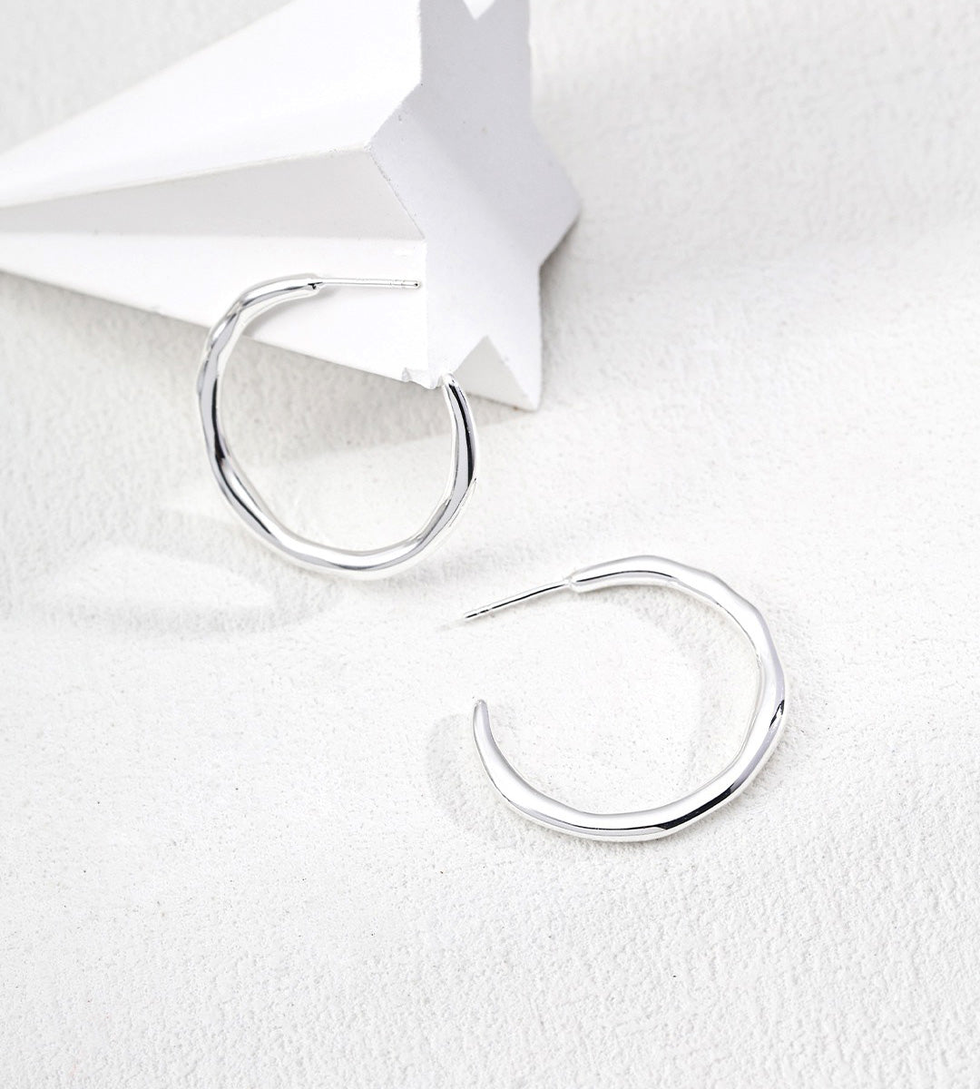 18K White-Gold-Plated over S925 Silver Irregular Organic Open Hoop Earrings