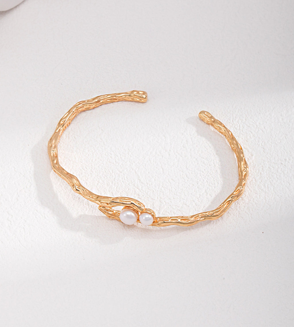 Organic Twin Pearl Open Bangle, 18K Gold Plated S925 Sterling Silver
