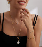 Organic Twin Pearl Open Bangle, 18K Gold Plated S925 Sterling Silver, on a wrist