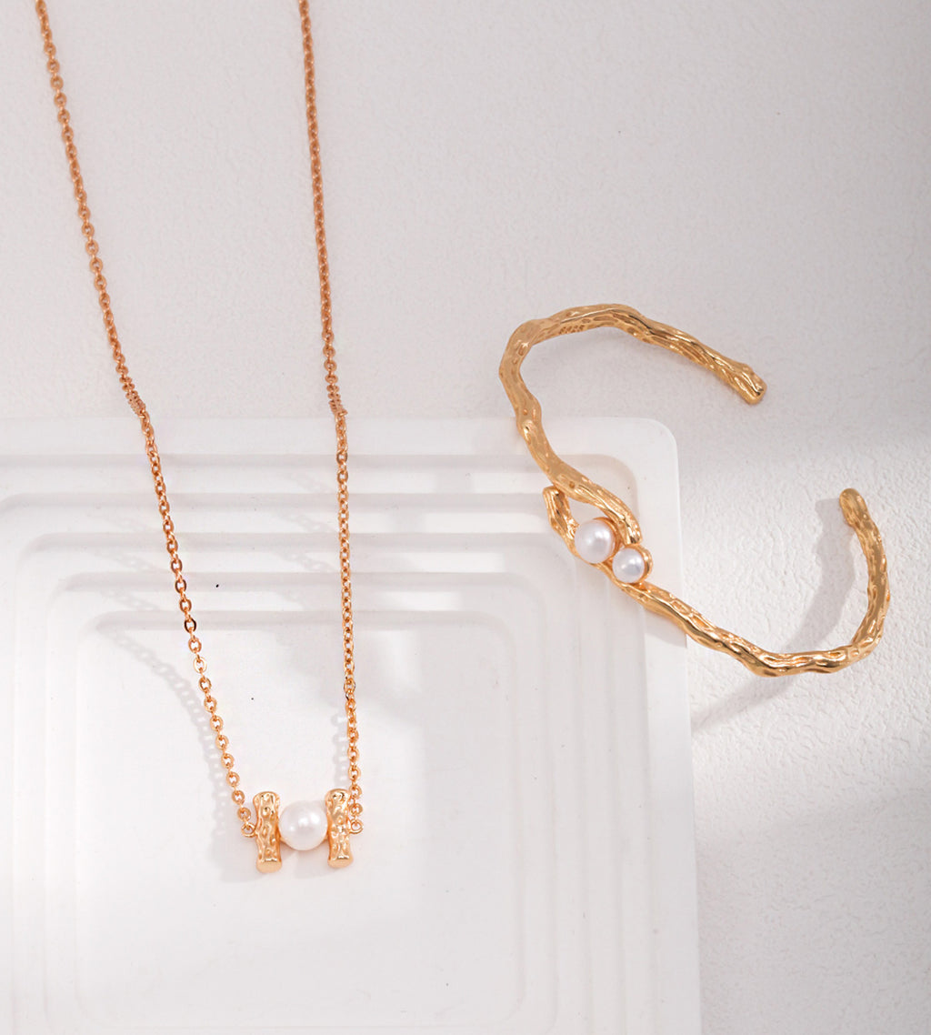 Organic Twin Pearl Open Bangle, 18K Gold-Plated S925 Sterling Silver with necklace