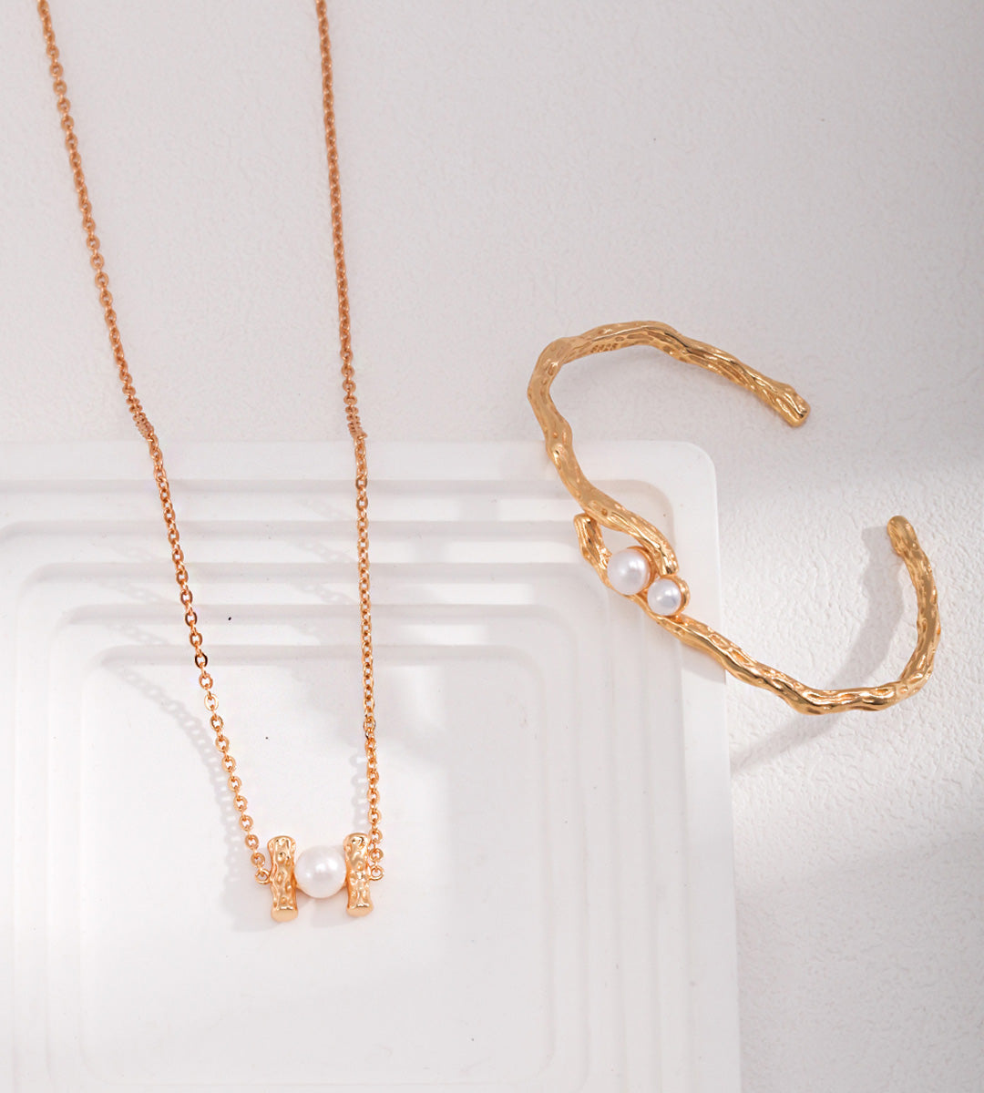 Organic Twin Pearl Open Bangle, 18K Gold-Plated S925 Sterling Silver with necklace