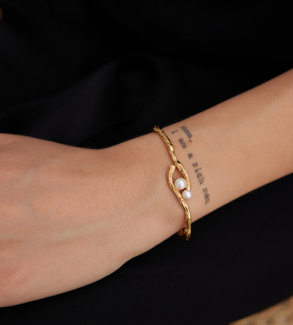 Organic Twin Pearl Open Bangle, 18K Gold Plated S925 Sterling Silver, on a wrist