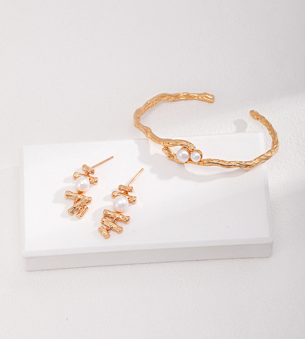 Organic Twin Pearl Open Bangle, 18K Gold Plated S925 Sterling Silver with earrings