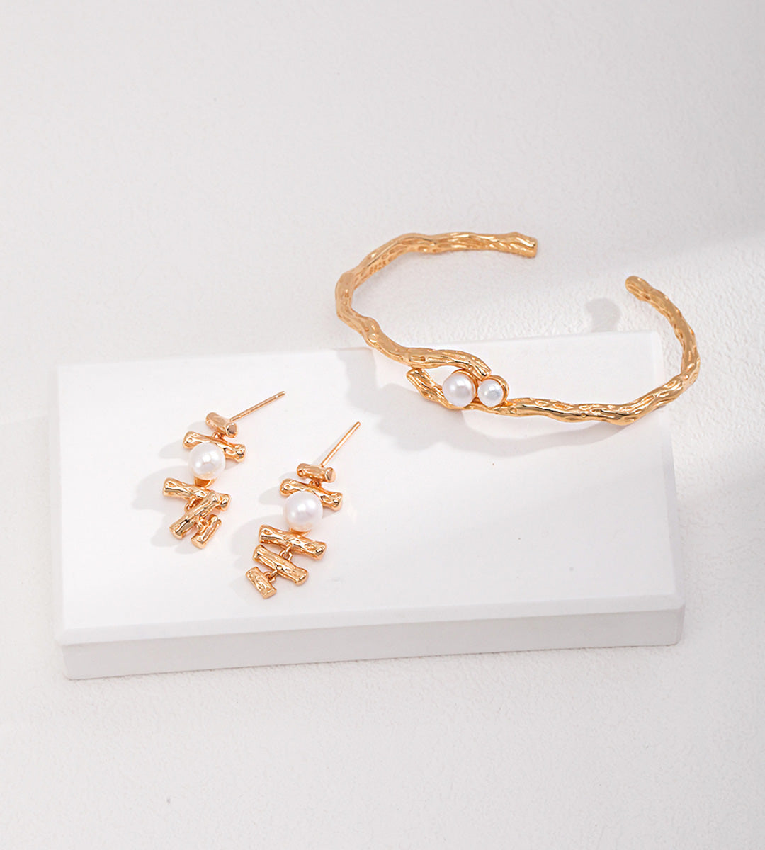 Organic Twin Pearl Open Bangle, 18K Gold Plated S925 Sterling Silver with earrings