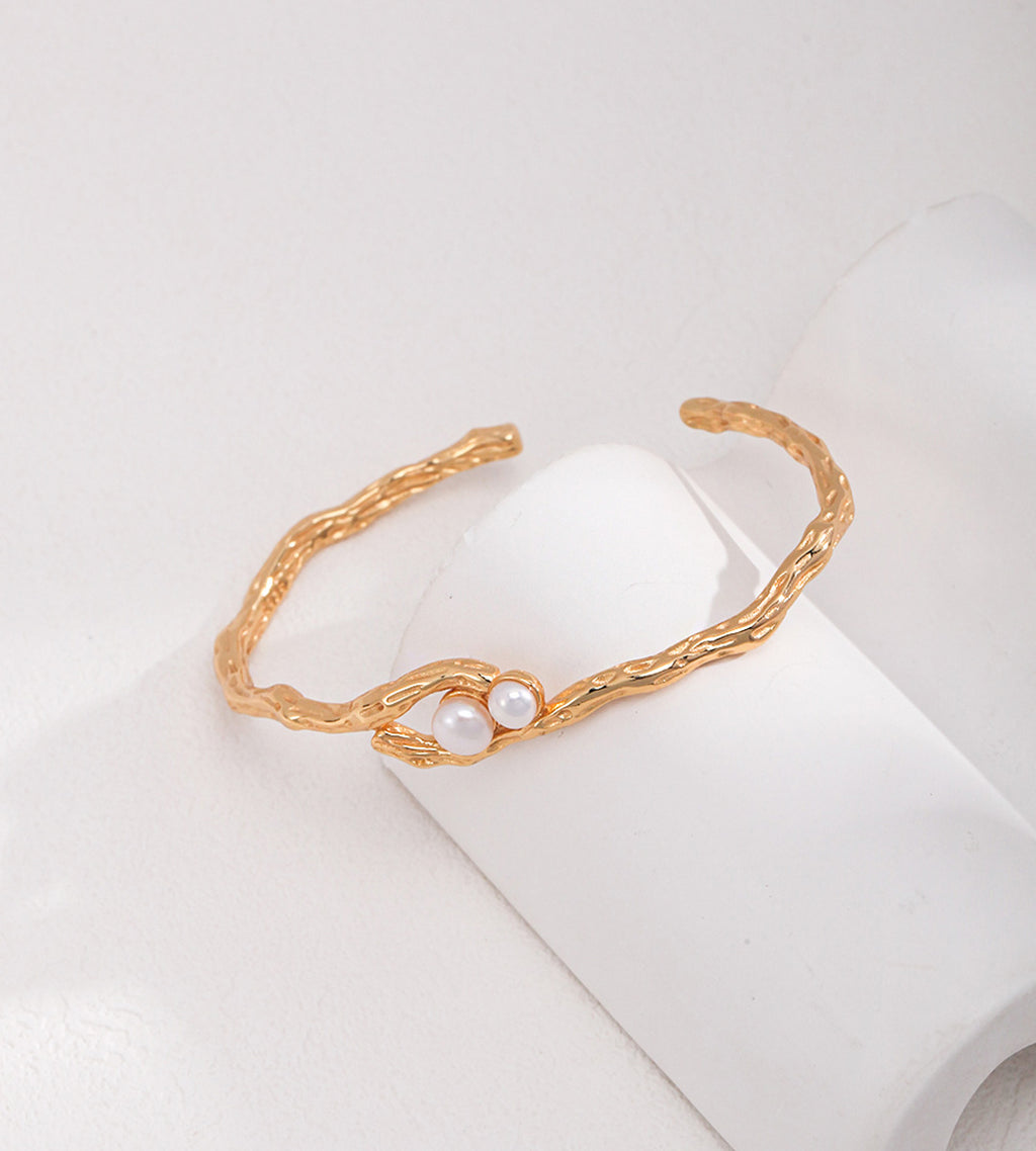 Organic Twin Pearl Open Bangle, 18K Gold Plated S925 Sterling Silver