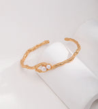Organic Twin Pearl Open Bangle, 18K Gold Plated S925 Sterling Silver