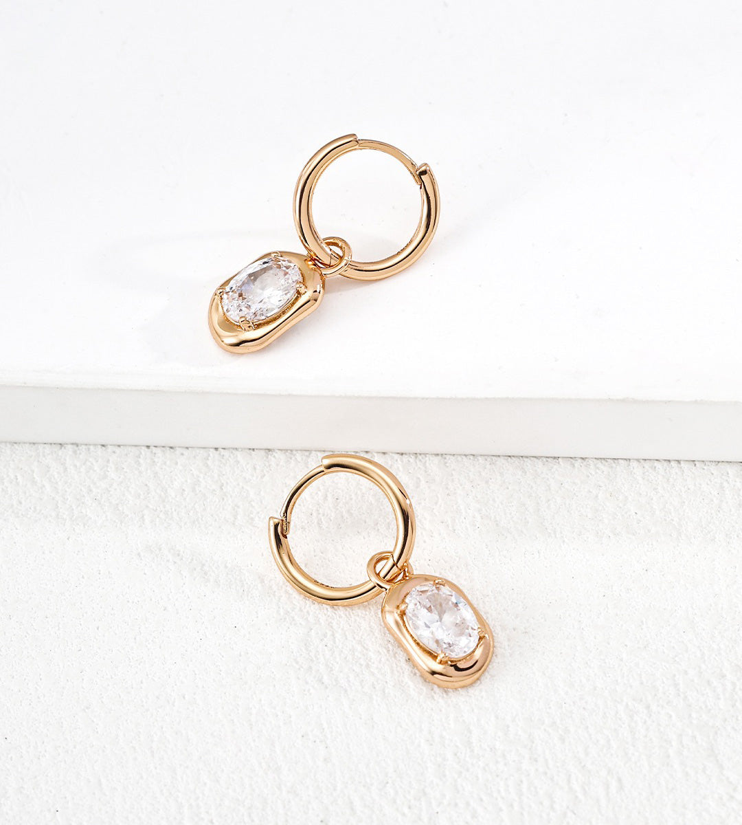 Oval Zircon Drop Huggie Hoop Earrings | 18K Gold Plated S925 Silver
