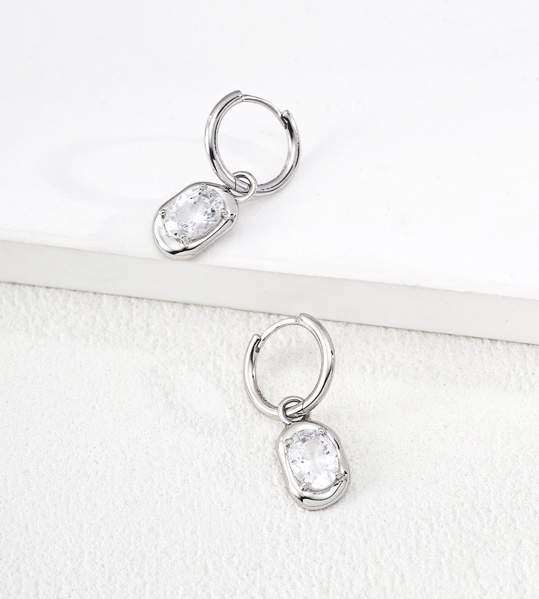 18K White-Gold-Plated S925 Silver Oval Zircon Drop Huggie Hoop Earrings