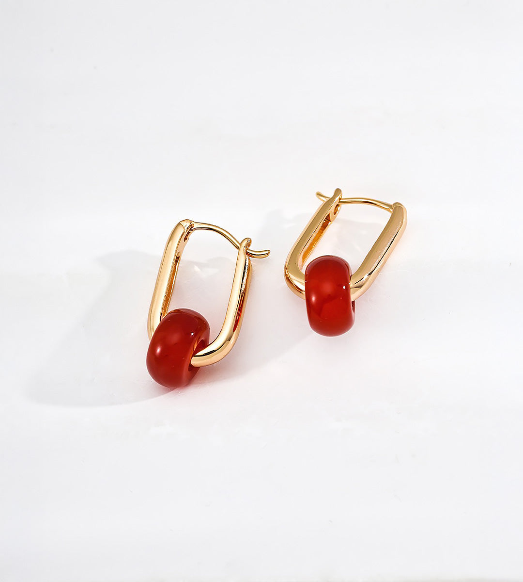 Red Agate Oriental Natural Stone Hoop Earrings | 18K Gold-Plated over S925 Sterling Silver