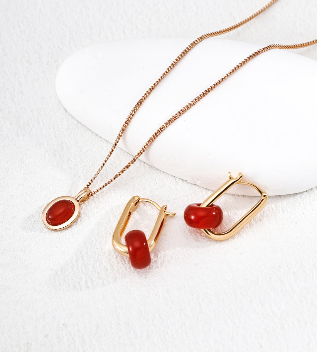 Jewelry set with Red Agate Oriental Natural Stone Hoop Earrings and matching necklace | 18K Gold-Plated over S925 Sterling Silver