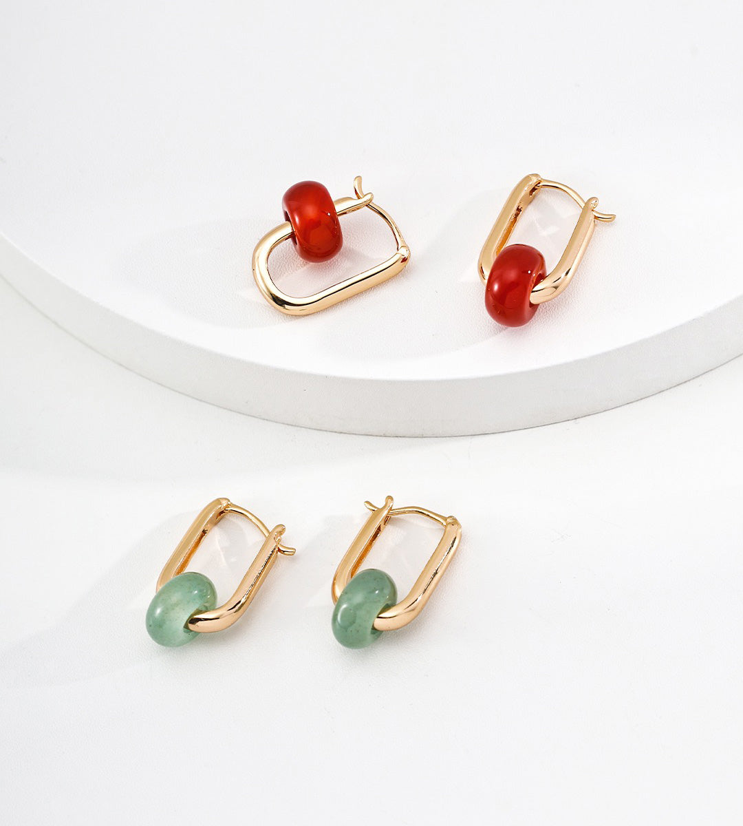 Red Agate and Green Aventurine Oriental Natural Stone Hoop Earrings | 18K Gold-Plated over S925 Sterling Silver