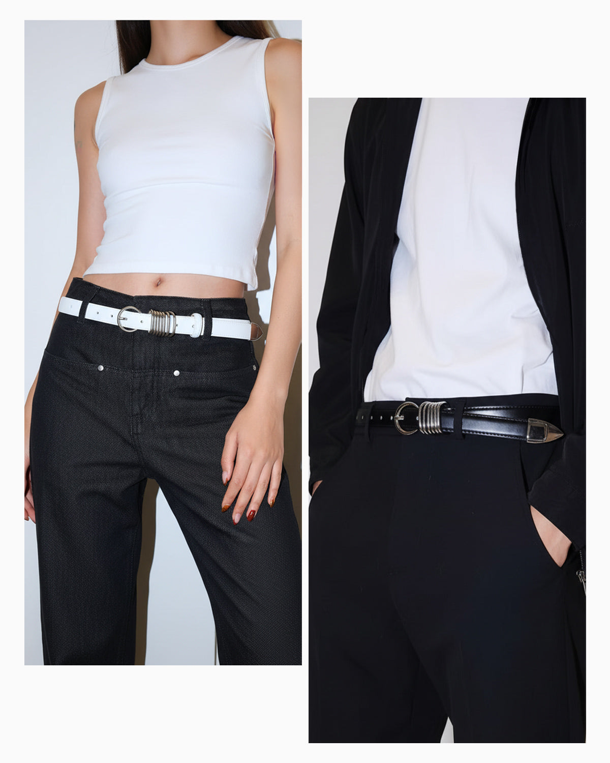 Statement Leather Belt with Silver Rings & Tip - Unisex, White and Black Colors