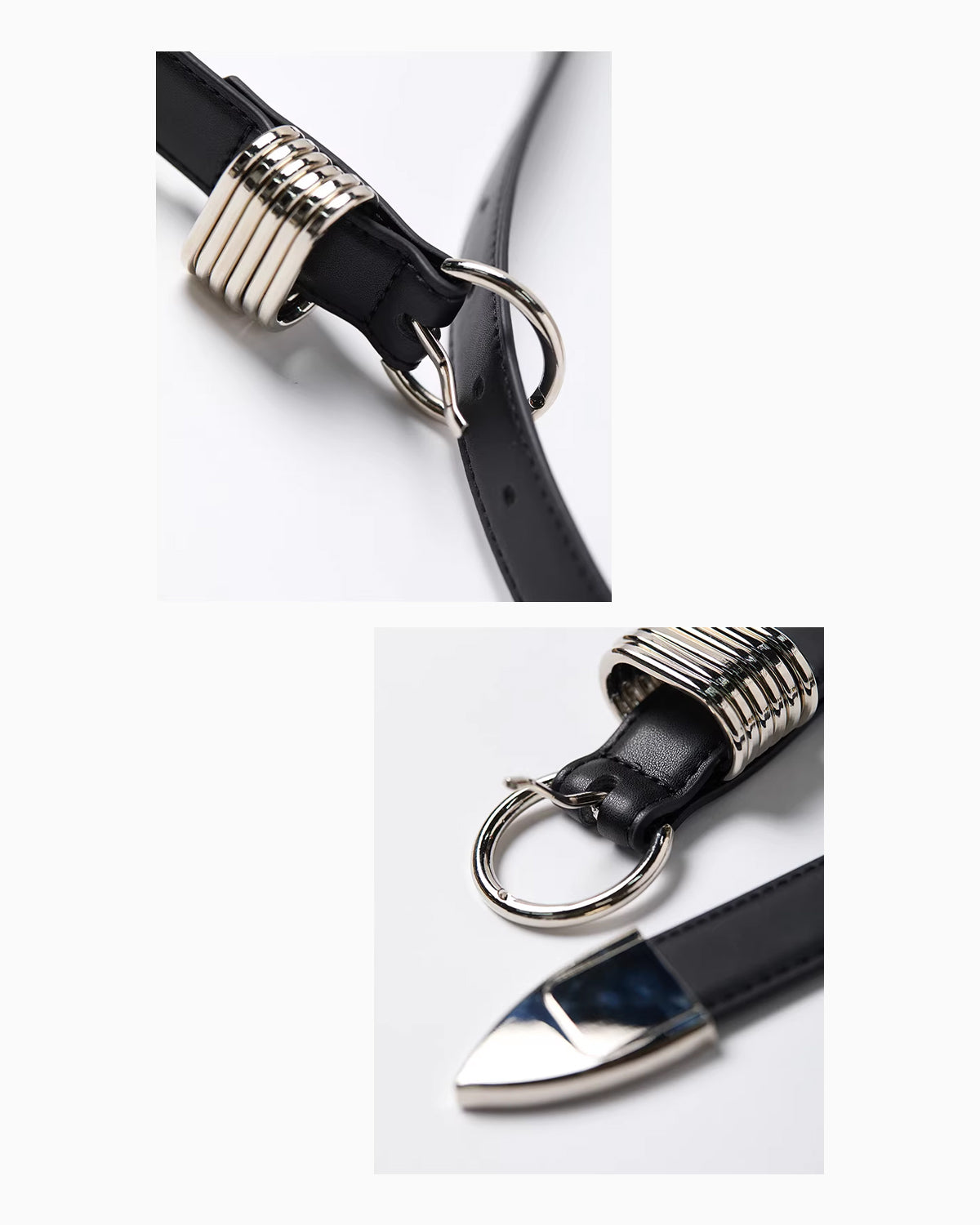 Statement Leather Belt with Silver Rings & Tip - Unisex, Black Color