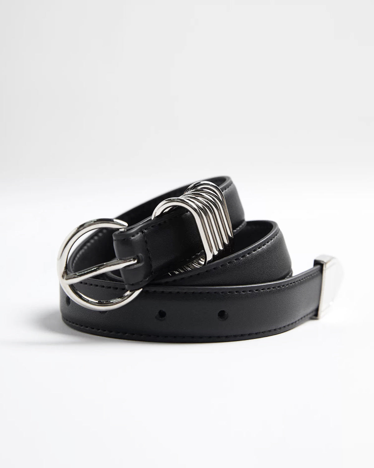 Statement Leather Belt with Silver Rings & Tip - Unisex, Black Color