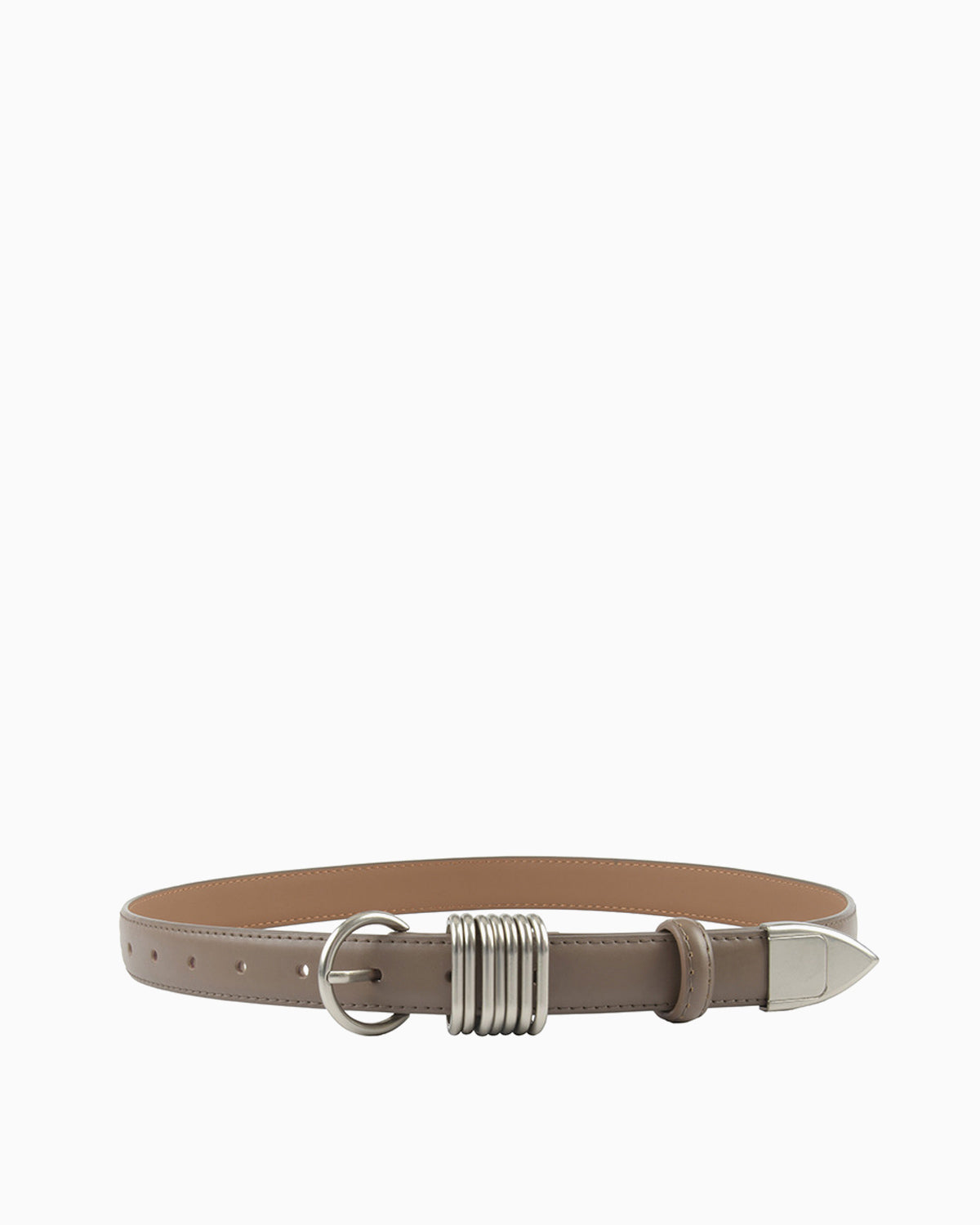 Statement Leather Belt with Silver Rings & Tip - Unisex, Dark Khaki Color