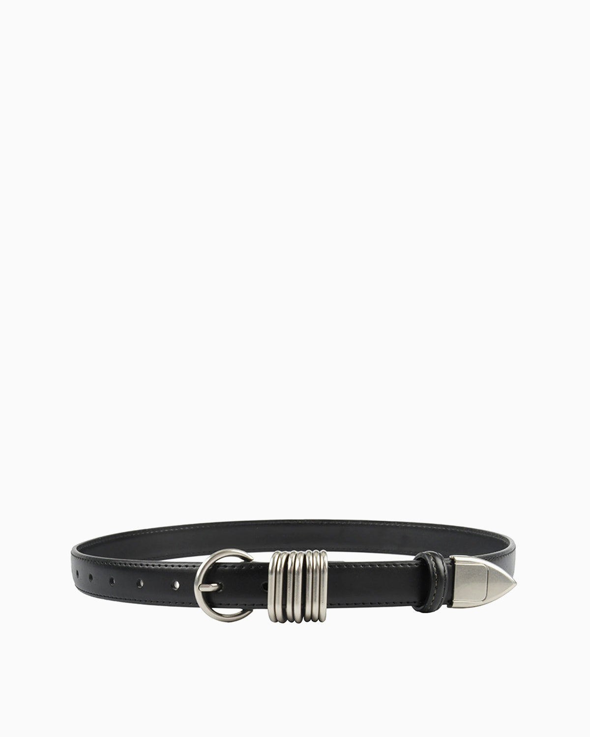 Statement Leather Belt with Silver Rings & Tip - Unisex, Black Color