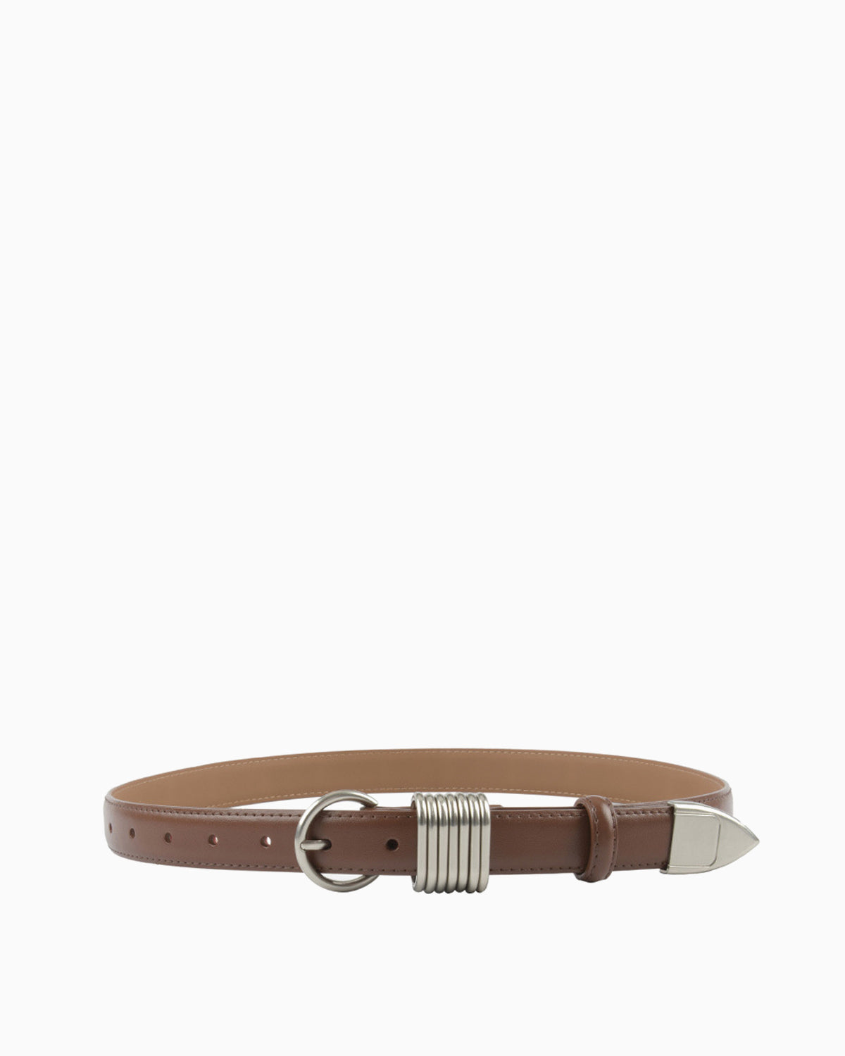 Statement Leather Belt with Silver Rings & Tip - Unisex, Coffee Color