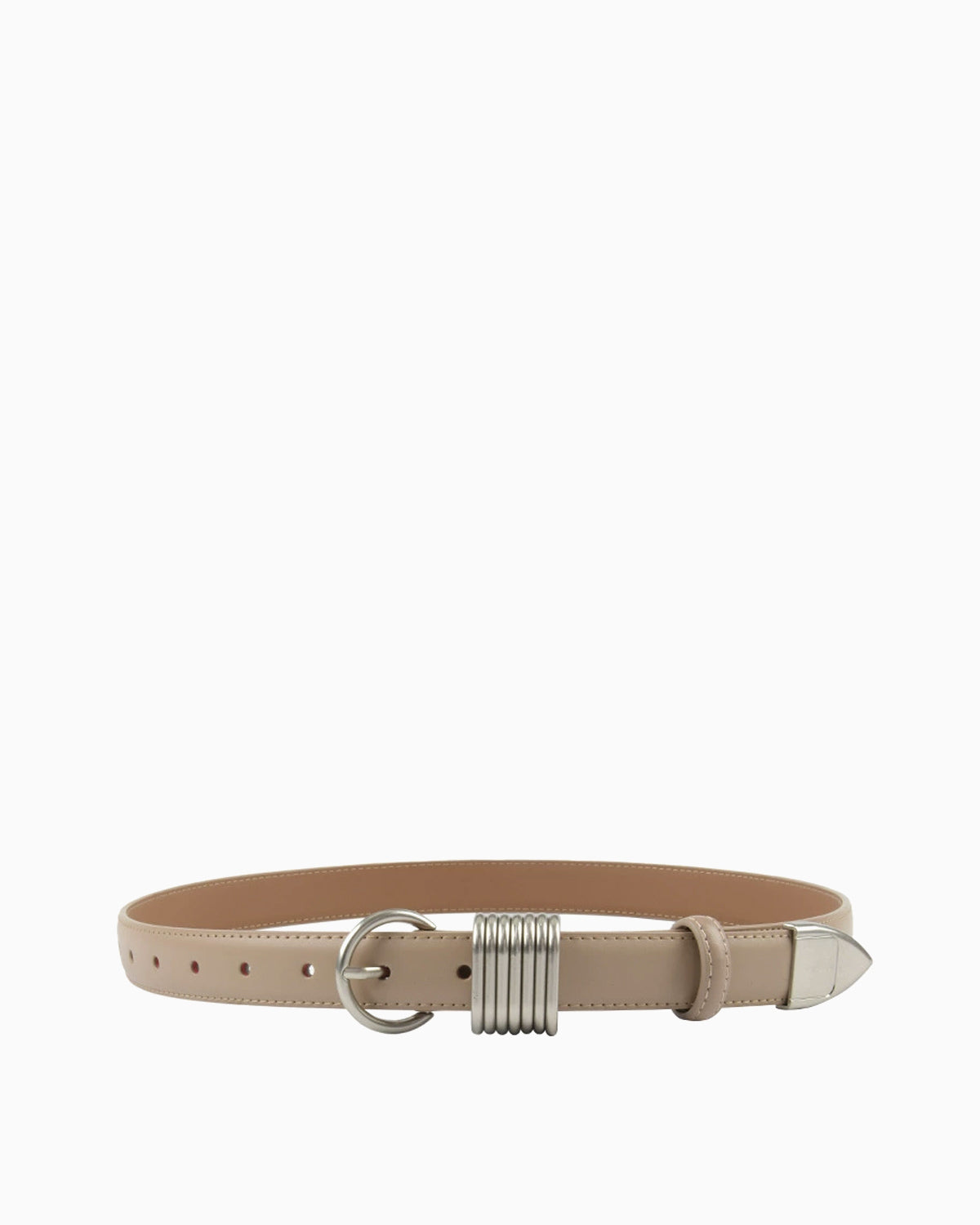 Statement Leather Belt with Silver Rings & Tip - Unisex, Khaki Color