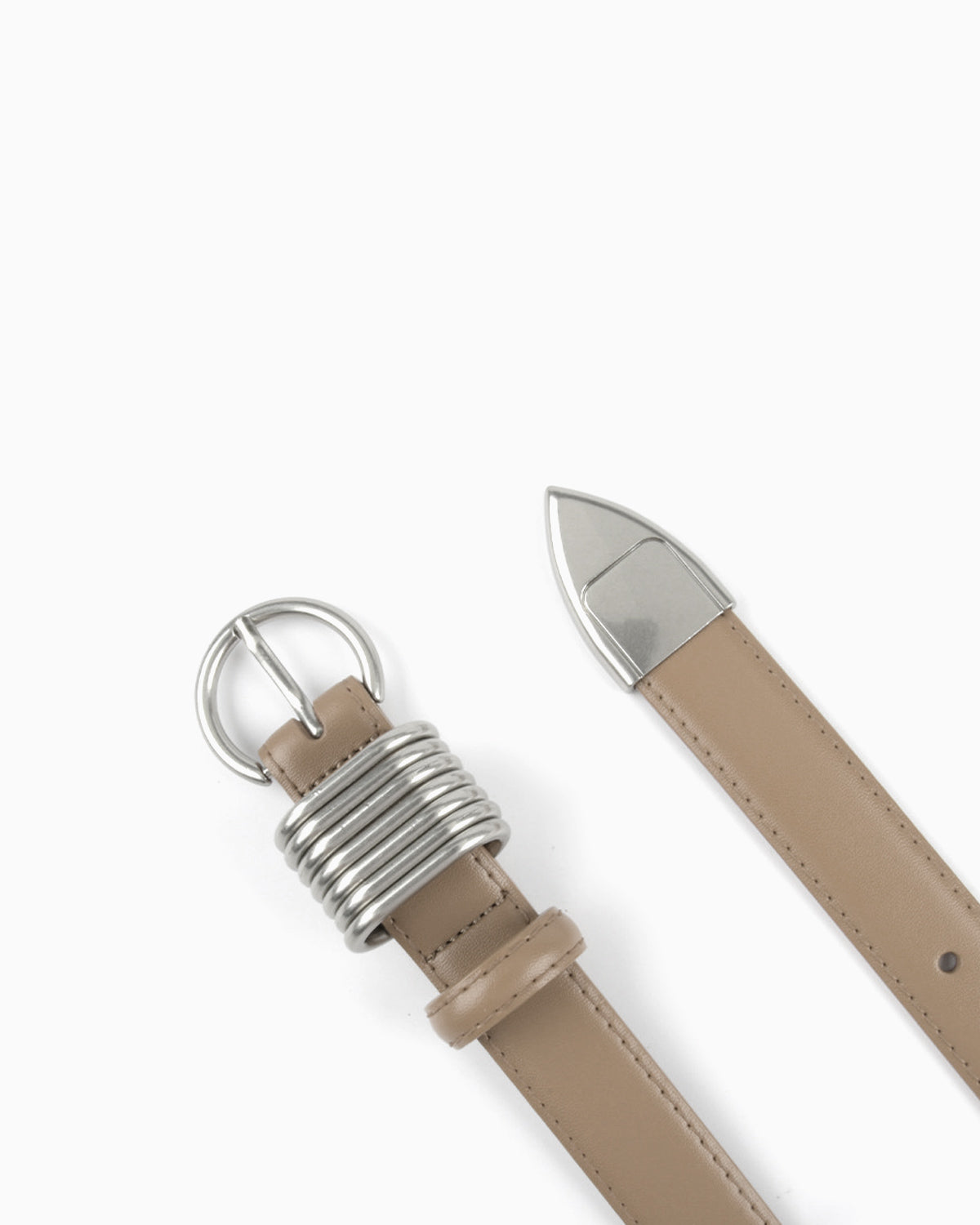 Statement Leather Belt with Silver Rings & Tip - Unisex, Khaki Color