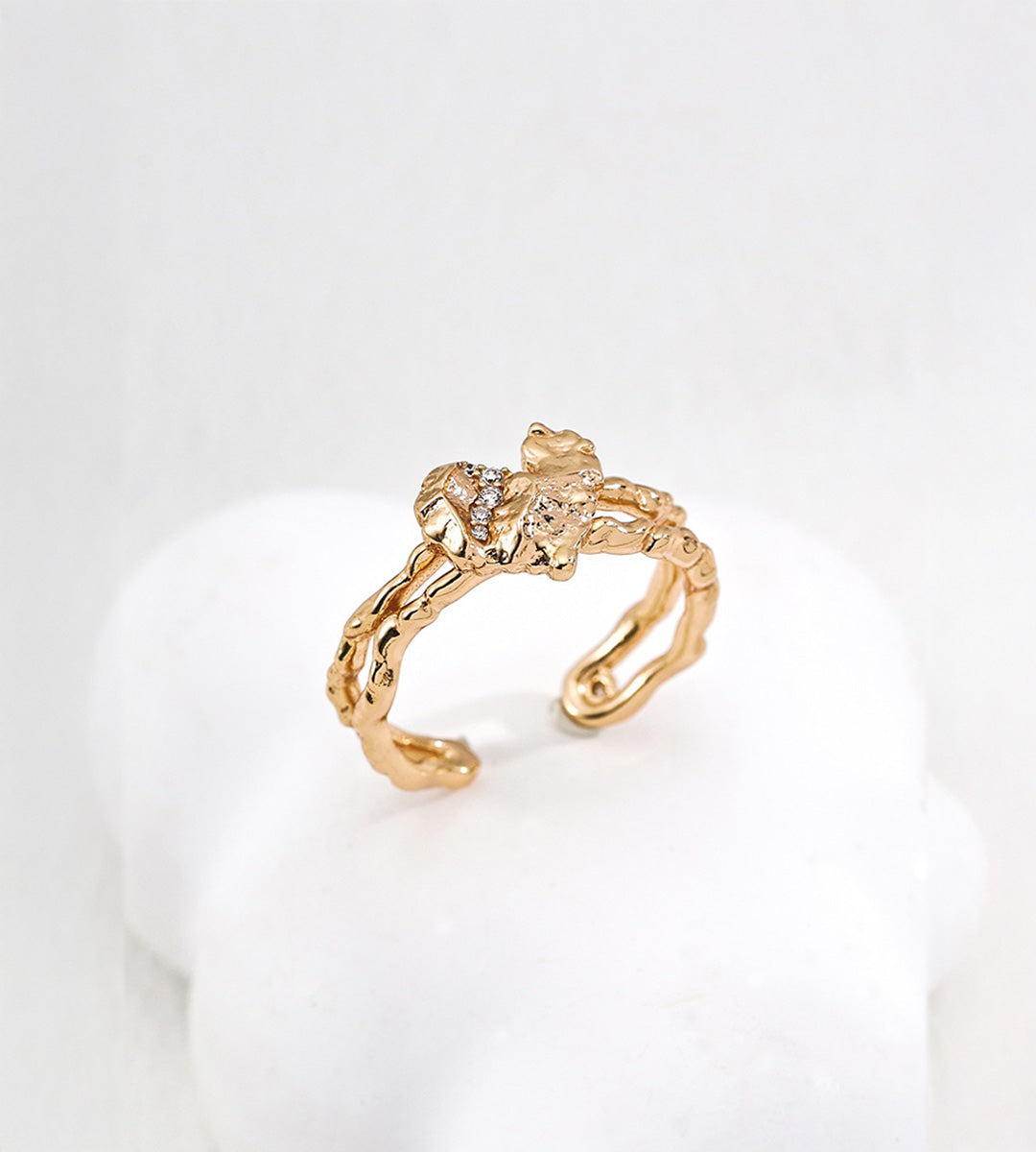 Rough rock textured heart open ring in vintage gold — double twisted adjustable open band with pavé cubic zirconia heart motif, 18K gold plated S925 sterling silver, BUCKLE Collective