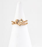 Textured heart open cuff ring front view on ring display — sculptural rock-textured heart with pavé CZ on double twisted adjustable band, 18K gold plated S925 sterling silver, vintage gold, BUCKLE Collective