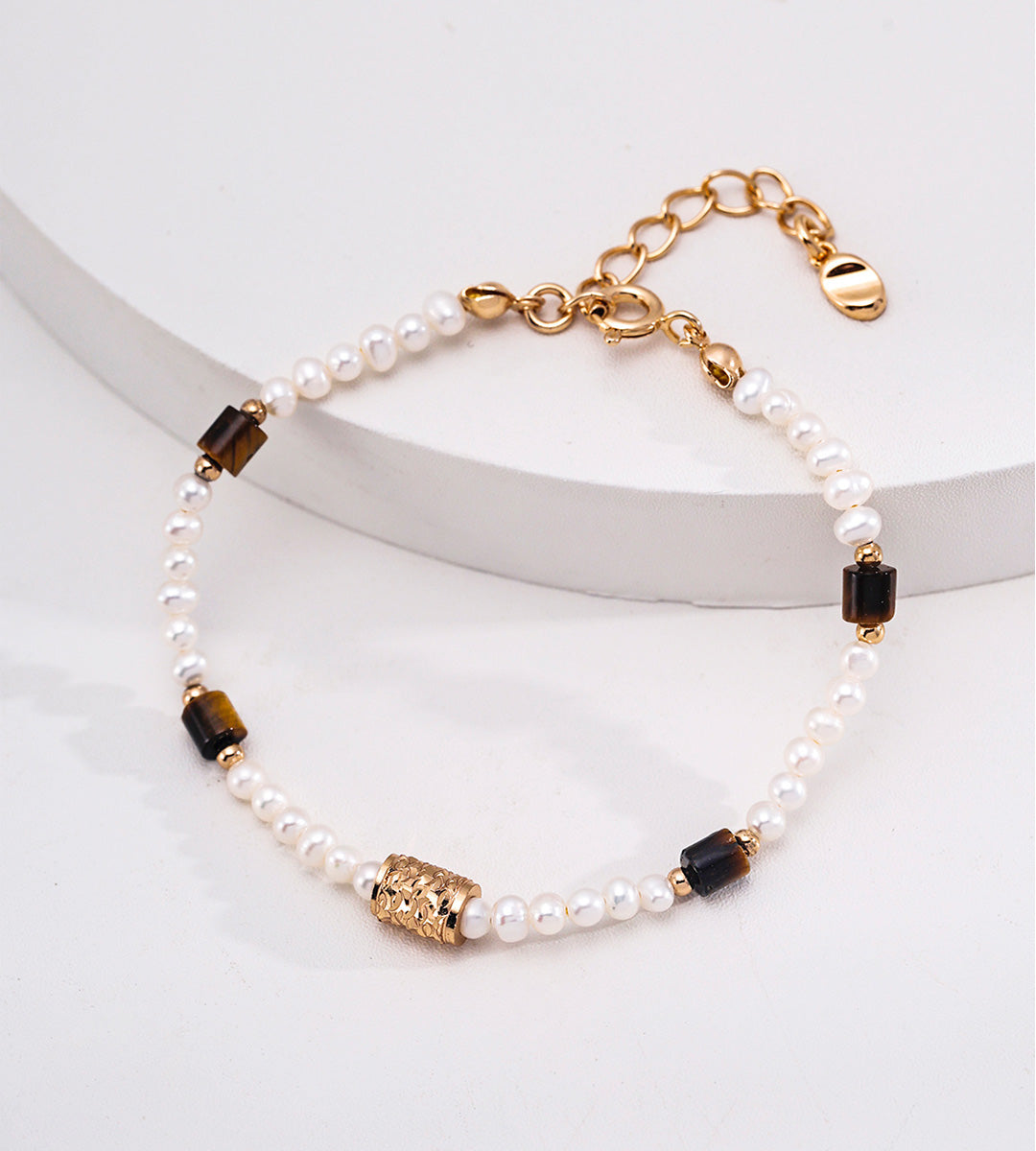 Natural pearl and tiger's eye beaded bracelet — freshwater pearls, tiger's eye rectangular beads, filigree barrel bead, lobster clasp with extension chain, 18K gold plated S925 silver, BUCKLE Collective