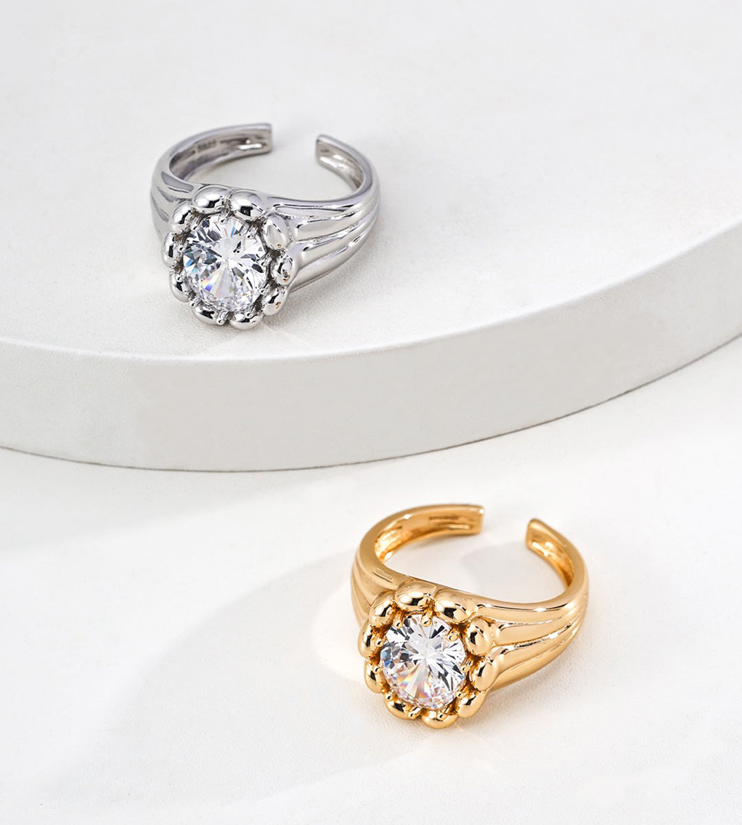 Sculptural Round Cubic Zirconia Open Ring
