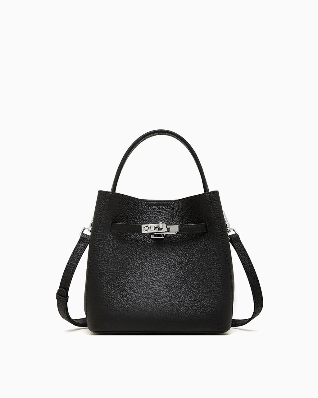 Classic Genuine Leather Bucket Bag with Detachable Strap & Pouch, Black Color
