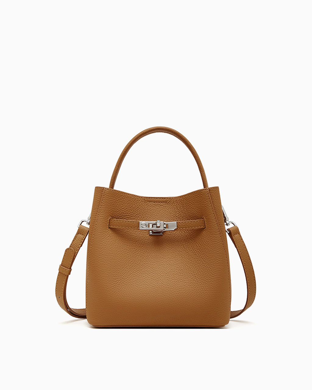 Classic Genuine Leather Bucket Bag with Detachable Strap & Pouch, Walnut Color