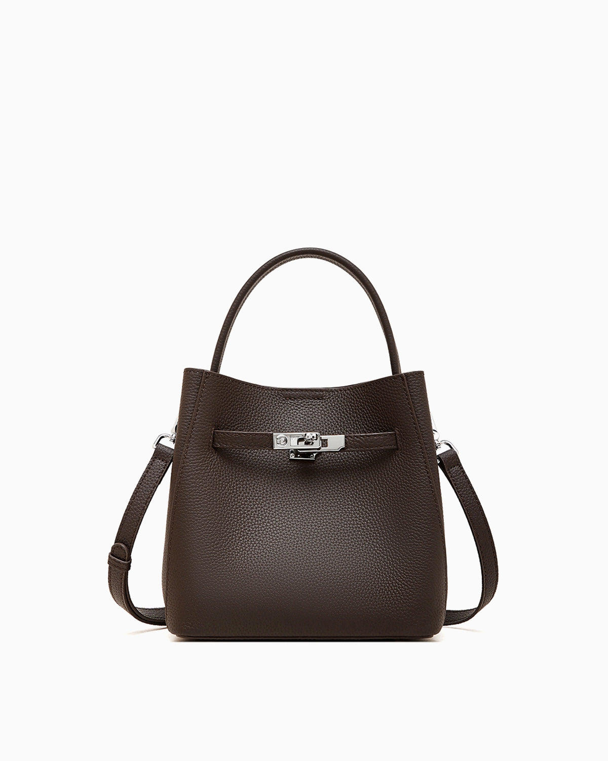 Classic Genuine Leather Bucket Bag with Detachable Strap & Pouch, Coffee Color