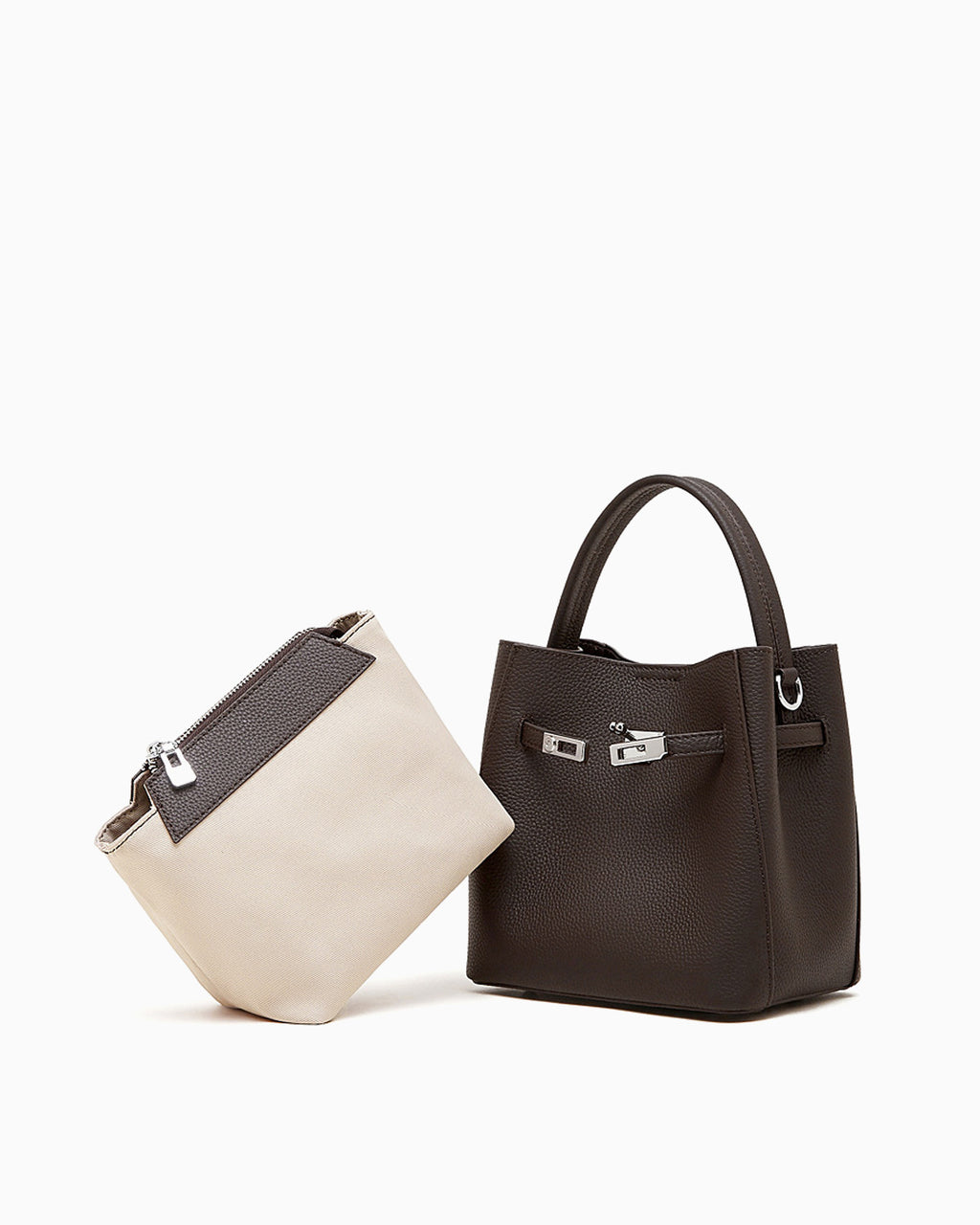 Classic Genuine Leather Bucket Bag with Detachable Strap & Pouch, Coffee Color