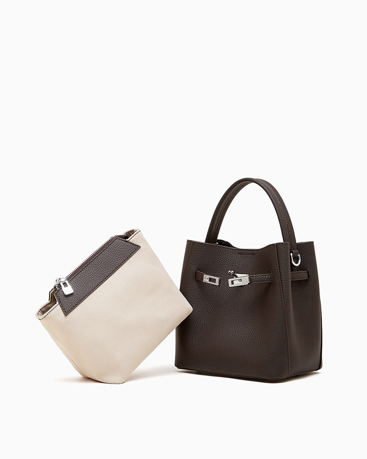 Classic Genuine Leather Bucket Bag with Detachable Strap & Pouch, Coffee Color