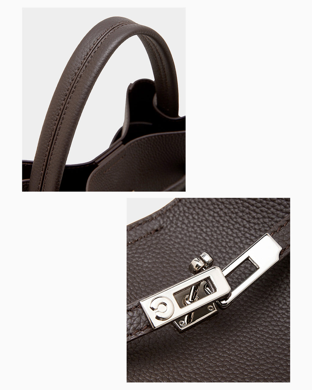 Classic Genuine Leather Bucket Bag with Detachable Strap & Pouch, Coffee Color, handle and closure