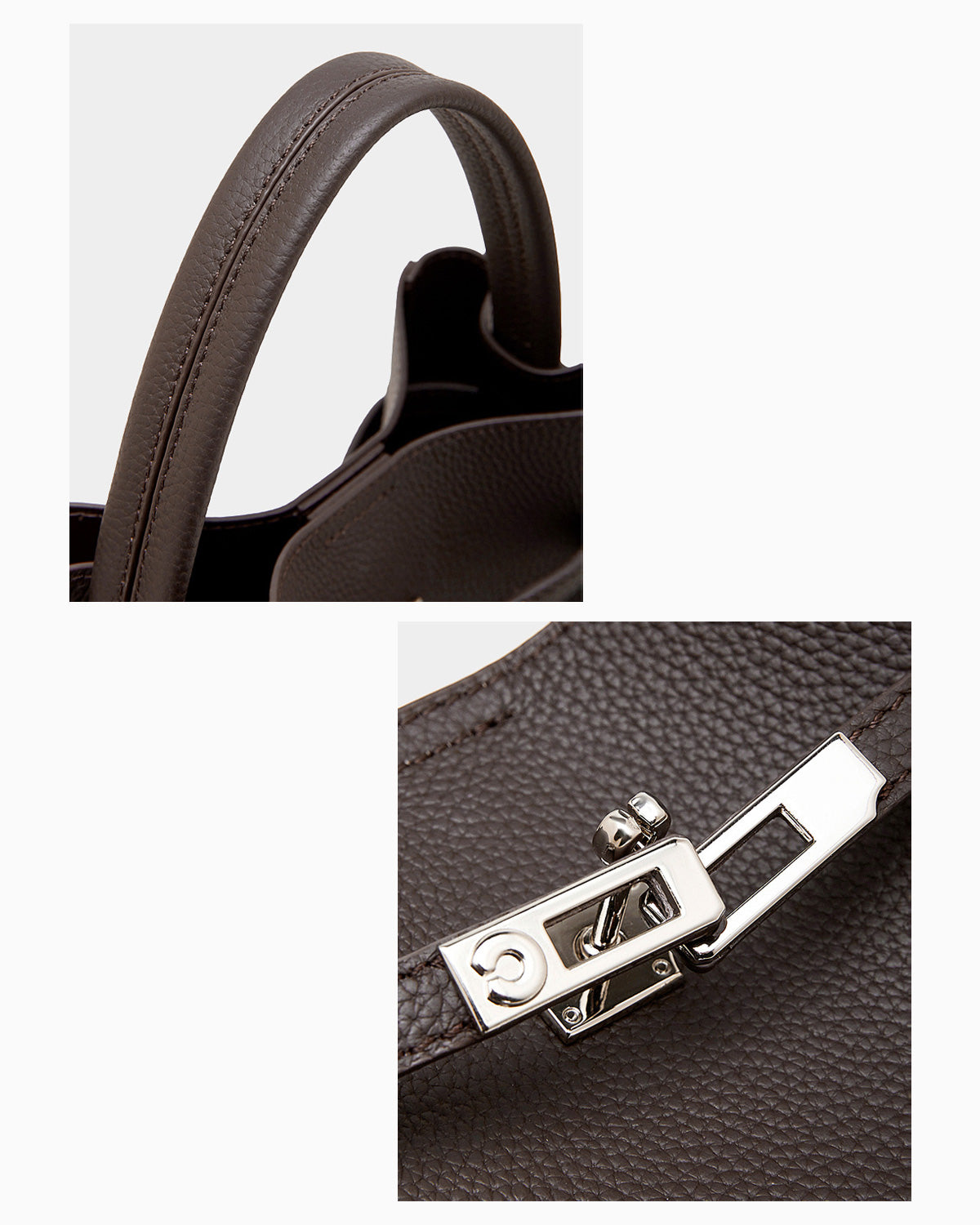 Classic Genuine Leather Bucket Bag with Detachable Strap & Pouch, Coffee Color, handle and closure