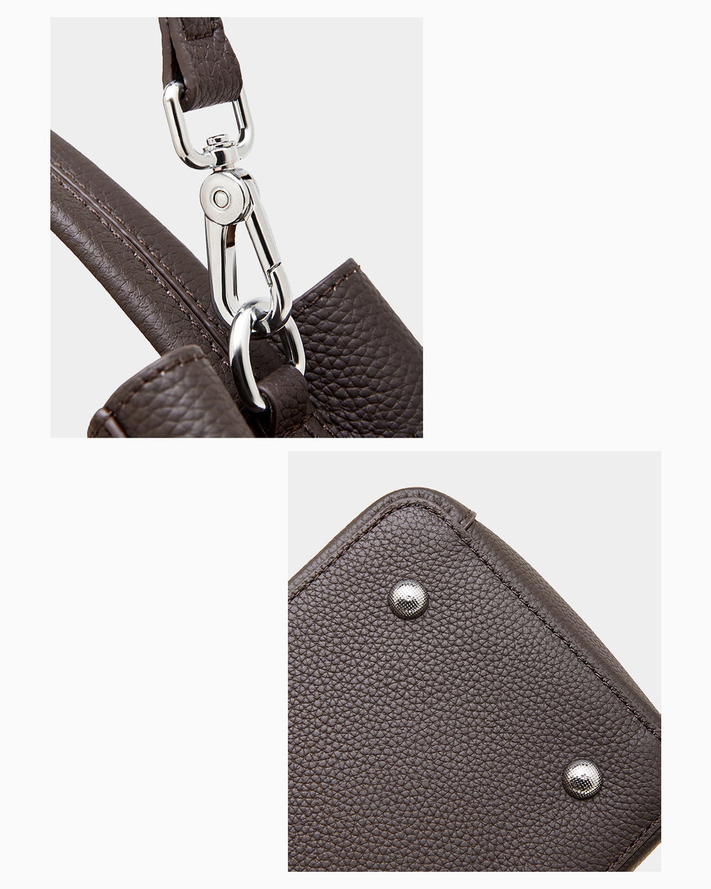 Classic Genuine Leather Bucket Bag with Detachable Strap & Pouch, Coffee Color, hardware details